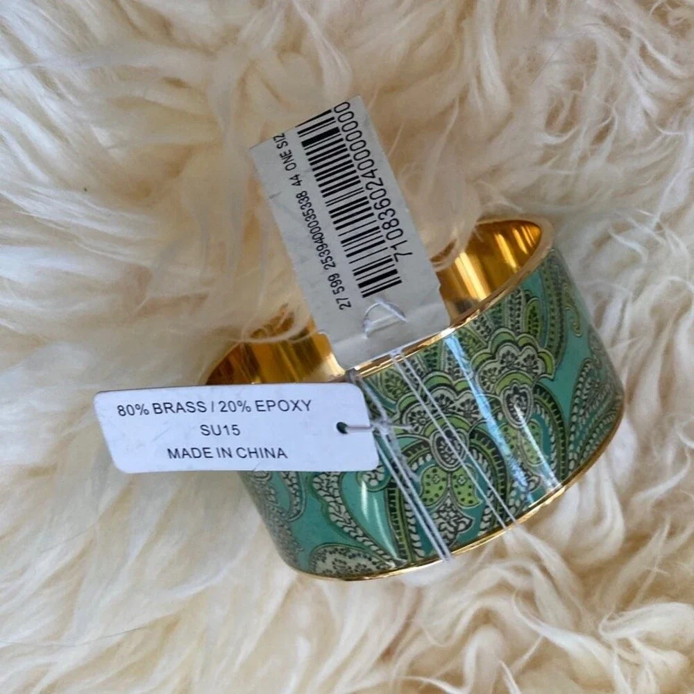 Vintage Brooks Brothers Paisley Brass Cuff Bracelet Blue Green Boho NWT Gift